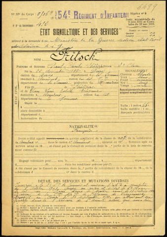 Fritsch, Paul Charles Philippe, né le 22 novembre 1887 à Dury (Somme), classe 1907, matricule n° 492, Bureau de recrutement d'Amiens