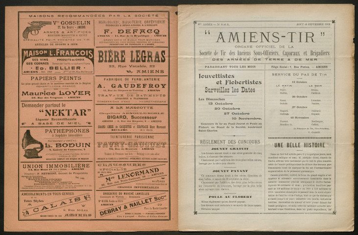 Amiens-tir, organe officiel de l'amicale des anciens sous-officiers, caporaux et soldats d'Amiens, numéro 8 et 9 (août 1912 - septembre 1912)