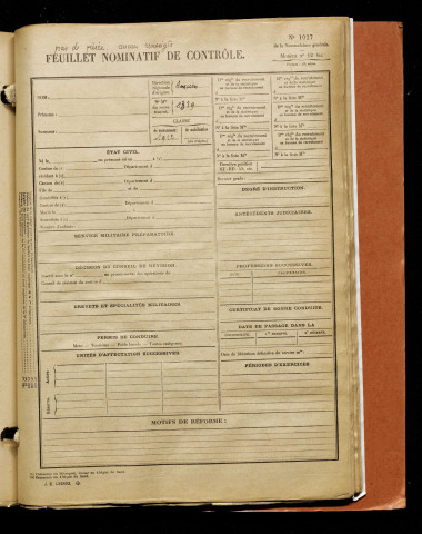 Inconnu, classe 1912, matricule n° 1339, Bureau de recrutement d'Amiens