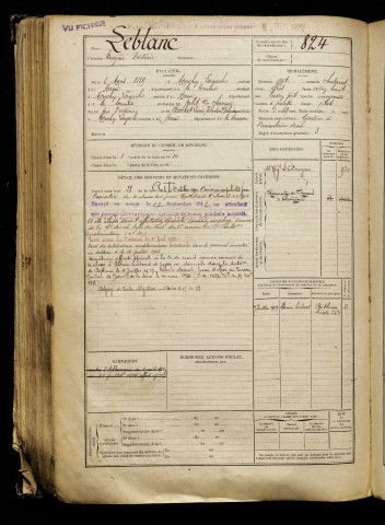 Leblanc, Eugène Frédéric, né le 02 mars 1889 à Monchy-Lagache (Somme), classe 1909, matricule n° 824, Bureau de recrutement de Péronne
