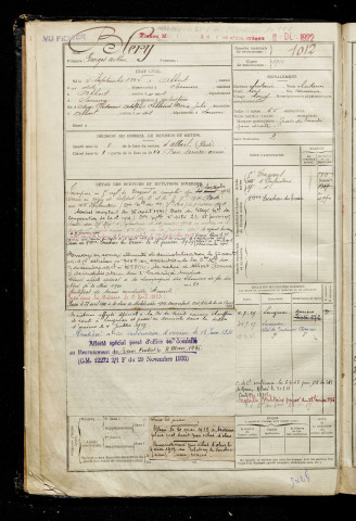 Blery, Georges Arthur, né le 04 septembre 1894 à Albert (Somme), classe 1914, matricule n° 1012, Bureau de recrutement de Péronne