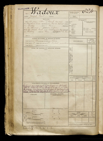 Wadoux, Joseph Paul, né le 17 juin 1892 à Berck (Pas-de-Calais), classe 1912, matricule n° 624, Bureau de recrutement d'Abbeville