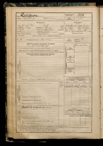 Quignon, Eugène Georges, né le 22 avril 1871 à Revelles (Somme), classe 1891, matricule n° 582, Bureau de recrutement d'Amiens