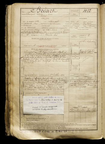 Bréart, François Célestin Alfred, né le 09 mars 1889 à Drucat (Somme), classe 1909, matricule n° 412, Bureau de recrutement d'Abbeville