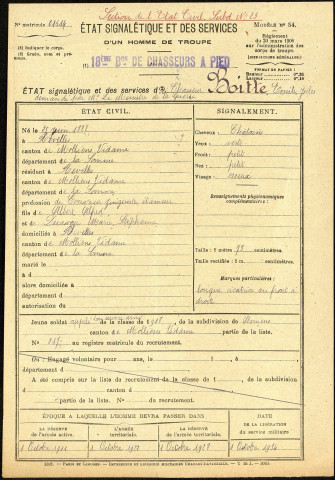 Boitte, Emile Jules, né le 25 juin 1888 à Revelles (Somme), classe 1908, matricule n° 217, Bureau de recrutement d'Amiens