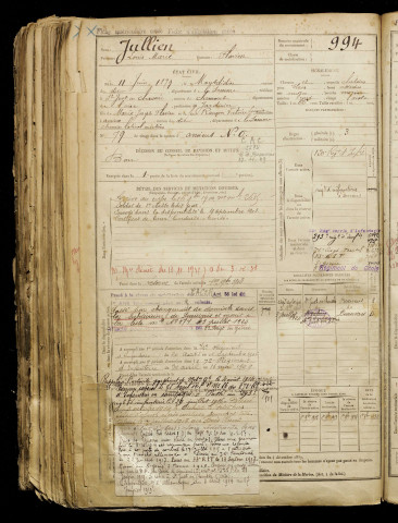 Jullien, Louis Marie, né le 11 juin 1879 à Montdidier (Somme), classe 1899, matricule n° 994, Bureau de recrutement d'Amiens