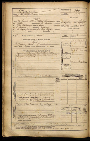Fourré, Jean Baptiste Joseph Henri, né le 23 janvier 1872 à Villers-Bretonneux (Somme), classe 1892, matricule n° 168, Bureau de recrutement d'Amiens