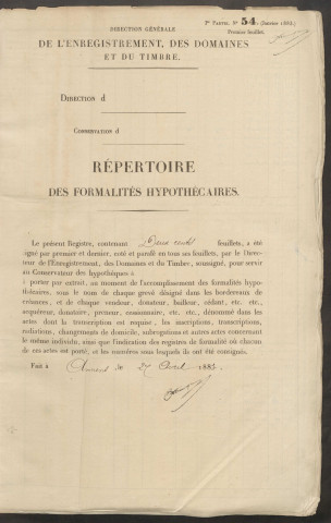 Répertoire des formalités hypothécaires, du 26/03/1884 au 21/11/1884, volume n° 146 (Conservation des hypothèques de Doullens)