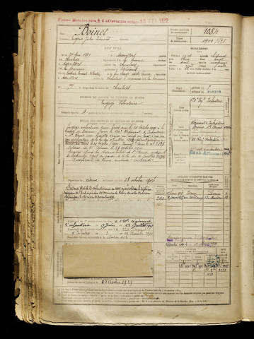 Boinet, Eugène Jules Edmond, né le 24 mai 1881 à Assevillers (Somme), classe 1901, matricule n° 1084, Bureau de recrutement de Péronne