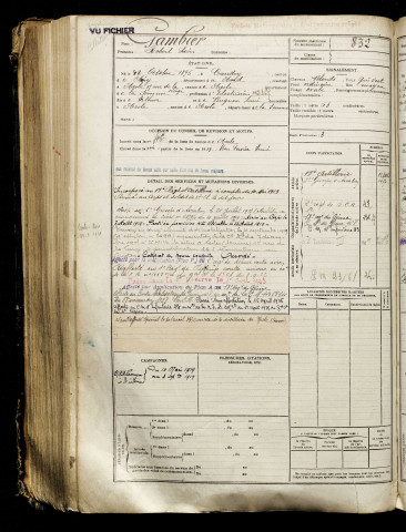 Gambier, Robert Léon, né le 12 octobre 1896 à Caudry (Nord), classe 1916, matricule n° 832, Bureau de recrutement de Péronne