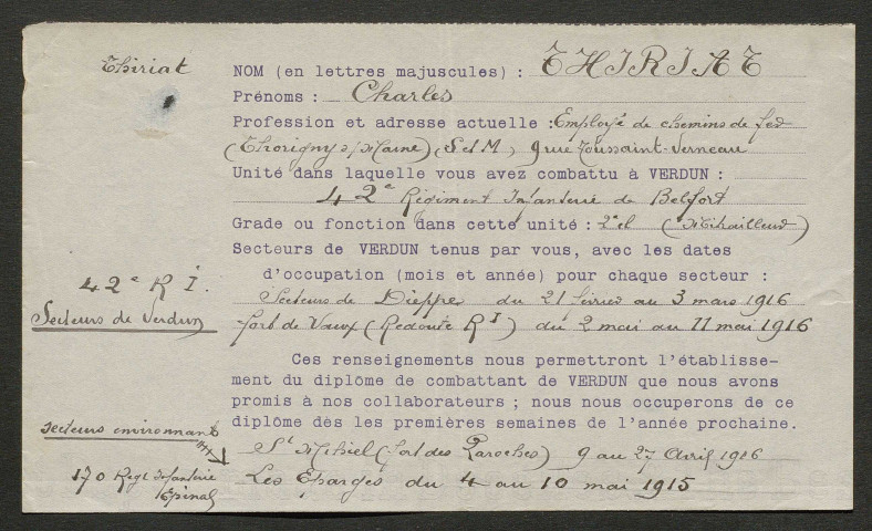 Témoignage de Thiriat, Charles (Mitrailleur) et correspondance avec Jacques Péricard