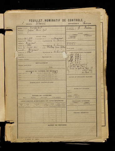 Hubert, Gustave Henri Noël, né le 14 mai 1898 à Bouzincourt (Somme), classe 1918, matricule n° 9, Bureau de recrutement de Péronne