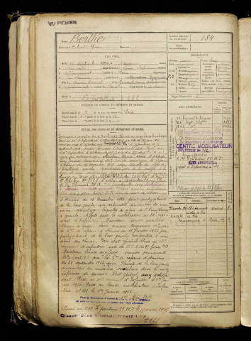 Berthe, Ribert Yvan, né le 15 septembre 1896 à Marques (Seine-Maritime), classe 1916, matricule n° 184, Bureau de recrutement d'Amiens