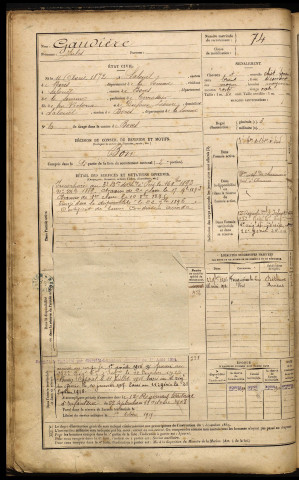 Gaudière, Jules, né le 11 avril 1872 à Salouël (Somme), classe 1892, matricule n° 74, Bureau de recrutement d'Amiens