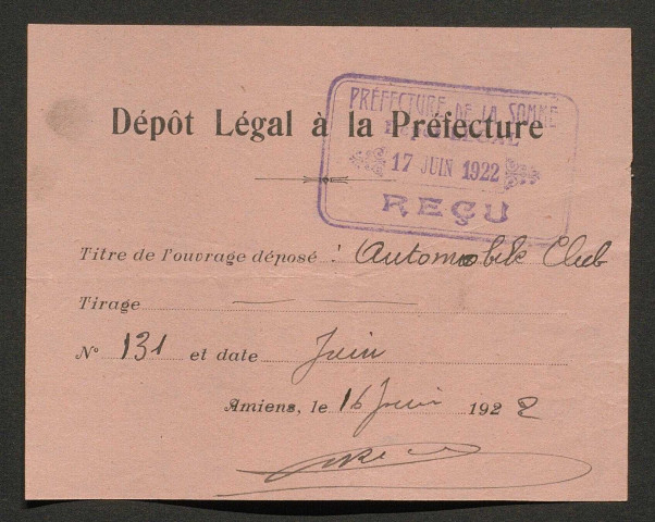 L'Automobile-club de Picardie et de l'Aisne. Revue mensuelle, 131, juin 1922