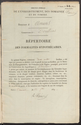 Répertoire des formalités hypothécaires, du 22/03/1873 au 12/07/1873, volume n° 126 (Conservation des hypothèques de Doullens)