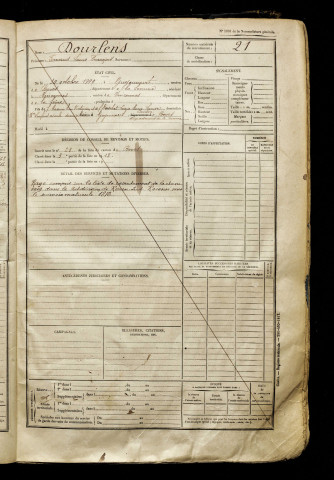 Dourlens, Fernand Louis François, né le 30 octobre 1899 à Guyencourt-sur-Noye (Somme), classe 1919, matricule n° 21, Bureau de recrutement d'Amiens