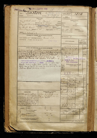 Gaston, Lucien, né le 13 août 1894 à Amiens (Somme), classe 1914, matricule n° 1014, Bureau de recrutement d'Amiens