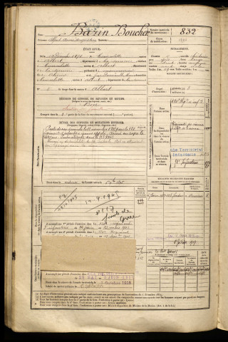 Boucher, Alfred Aimé Augustin, né le 19 décembre 1874 à Courcelette (Somme), classe 1894, matricule n° 832, Bureau de recrutement de Péronne