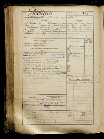 Péchain, Léopold Georges Abel, né le 30 décembre 1889 à Billancourt (Somme), classe 1909, matricule n° 370, Bureau de recrutement de Péronne