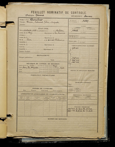 Boucher, Henri Edouard Julien Auguste, né le 28 août 1882 à Balâtre (Somme), classe 1902, matricule n° 1039, Bureau de recrutement de Péronne