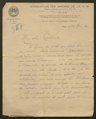 Témoignage de Ott, Fernand (Lieutenant) et correspondance avec Jacques Péricard