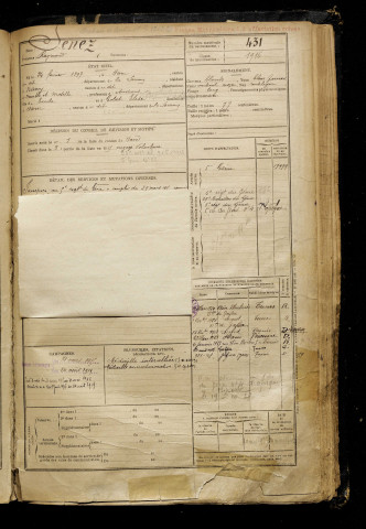 Senez, Raymond, né le 24 février 1897 à Ham (Somme), classe 1917, matricule n° 431, Bureau de recrutement de Péronne