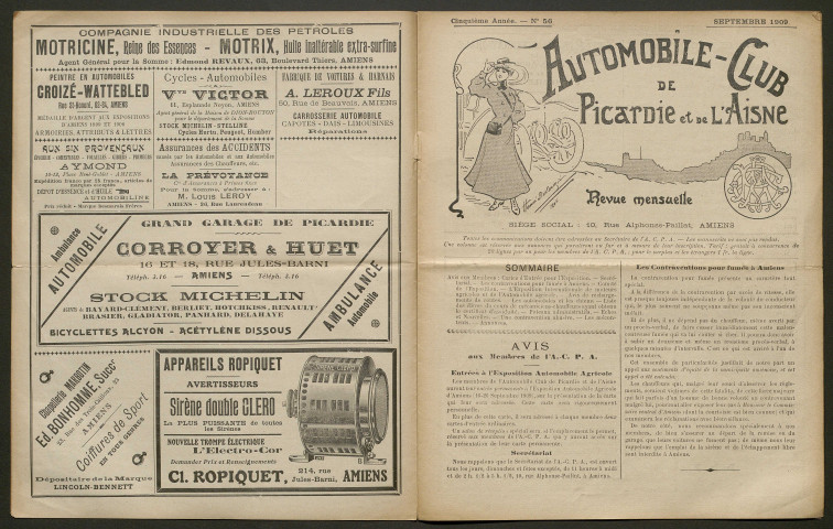 Automobile-club de Picardie et de l'Aisne. Revue mensuelle, 5e année, septembre 1909