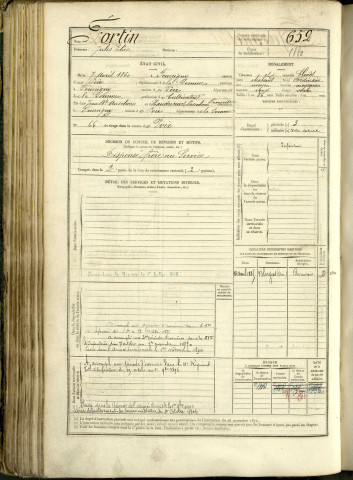 Fortin, Jules Elie, né le 7 avril 1860 à Fourcigny (Somme, France), classe 1880, matricule n° 652, Bureau de recrutement d'Amiens
