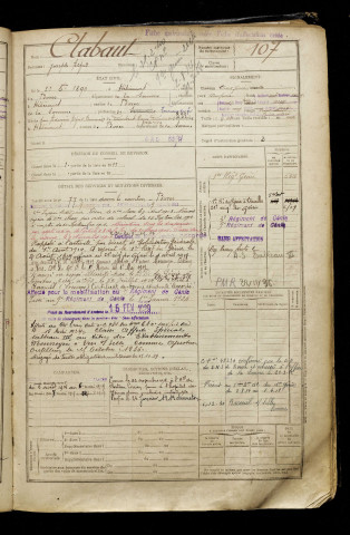 Clabaut, Joseph Alfred, né le 21 octobre 1890 à Hébécourt (Somme), classe 1910, matricule n° 107, Bureau de recrutement d'Amiens