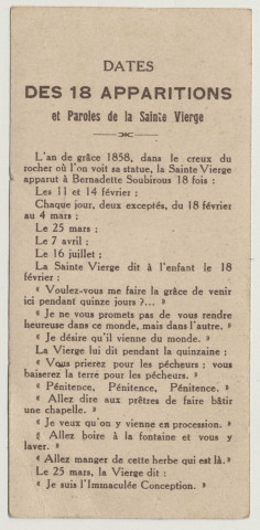 Basilique et grotte de Lourdes. Dates des 18 apparitions et paroles de la Sainte-Vierge