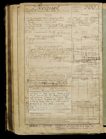 Pecquet, Charles Ferdinand Léon Désiré Jean Marie, né le 29 novembre 1884 à Quevauvillers (Somme), classe 1904, matricule n° 500, Bureau de recrutement d'Amiens