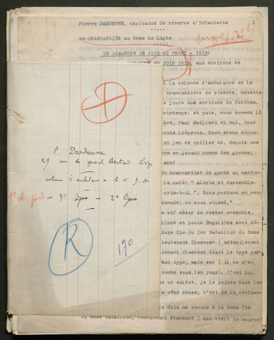 Témoignage de Dardenne, Pierre (Sergent) et correspondance avec Jacques Péricard