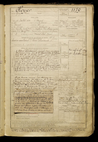 Hoyer, Georges Henri, né le 15 juillet 1883 à Amiens (Somme), classe 1903, matricule n° 1179, Bureau de recrutement d'Amiens
