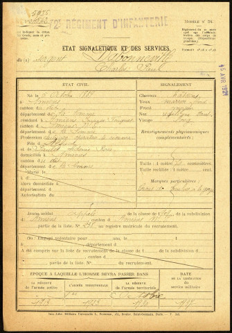 Dabonneville, Charles Paul, né le 05 octobre 1889 à Amiens (Somme), classe 1909, matricule n° 238, Bureau de recrutement d'Amiens