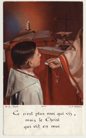 Ce n'est plus moi qui vis, mais le Christ qui vit en moi. Souvenir de première communion. Image de communion de Daniel Sénéchal en la basilique de Saint-Quentin, le 1er juin 1958