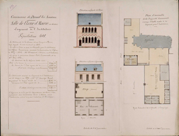 Dreuil-lès-Amiens. Plan d'ensemble des bâtiments communaux. Plan de l'école, de la mairie et du logement de l'instituteur