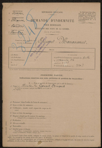Etricourt-Manancourt. Demande d'indemnisation des dommages de guerre : dossier Gosset Edmond