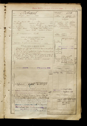 Doboeuf, Diogène Joseph, né le 27 janvier 1880 à Flers (Somme), classe 1900, matricule n° 625, Bureau de recrutement de Péronne