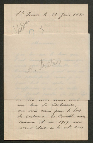 Témoignage de Prêtre, Alexis (Caporal) et correspondance avec Jacques Péricard