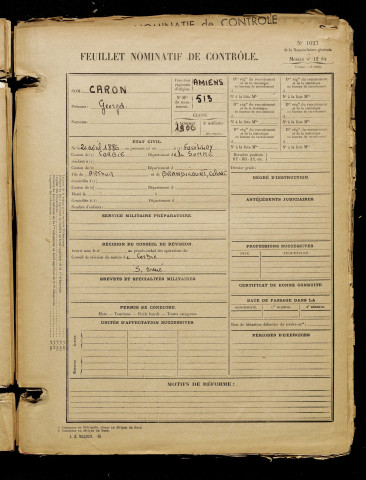 Caron, Georges, né le 20 avril 1886 à Fouilloy (Somme), classe 1906, matricule n° 513, Bureau de recrutement d'Amiens