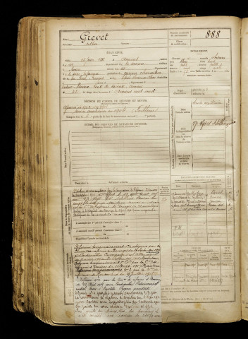 Grevet, Arthur, né le 26 juin 1881 à Amiens (Somme), classe 1901, matricule n° 888, Bureau de recrutement d'Amiens