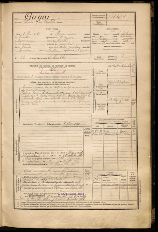 Guyot, Léandre Jean Baptiste, né le 03 mai 1867 à Étricourt-Manancourt (Somme), classe 1887, matricule n° 1181, Bureau de recrutement de Péronne