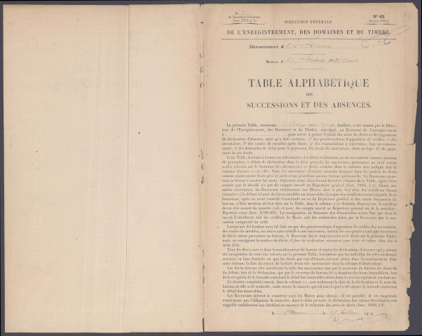 Table des successions et absences du bureau de Péronne