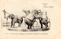 Série de cartes postales sur le cirque "souvenir de Barnum et Bailey". N° 1 : Un des groupes d'éléphants de Barnum et Bailey en file indienne (8 FI 5962). N° 2 : Performance de 70 chevaux chez Barnum et Bailey (8 FI 5963). N°4 : Course de chars romains chez Barnum et Bailey (8 FI 5968). N° 5 : Vue intérieure de la Tente-Hippodrome de Barnum et Bailey (8 FI 5964). N° 6 : Vue à vol d'oiseau de la cité des tentes de Barnum et Bailey (8 FI 5965). N° 7 : Les artistes gigantesques chez Barnum et Bailey (8 FI 5969). N° 8 : Les phénomènes de Barnum et Bailey (8 FI 5970). N° 9 : Les rigolos de Barnum et Bailey (8 FI 5966). N° 10 : Un groupe de Femmes-Artistes (8 FI 5967)