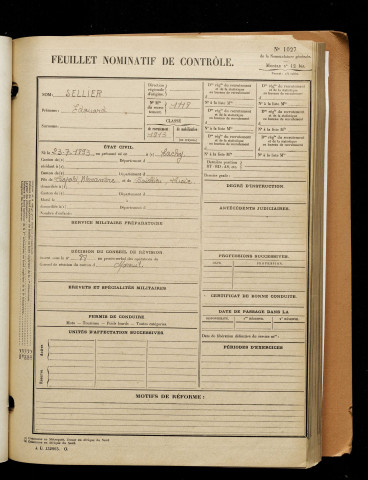 Sellier, Edouard, né le 23 juillet 1893 à Cachy (Somme), classe 1913, matricule n° 1118, Bureau de recrutement de Péronne