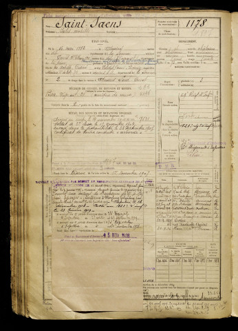 Saint Saens, Jules Achille, né le 16 mai 1883 à Amiens (Somme), classe 1903, matricule n° 1178, Bureau de recrutement d'Amiens