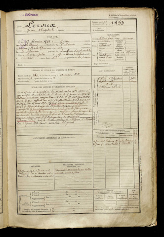 Leroux, Jean Baptiste, né le 17 février 1895 à Guise (Aisne), classe 1915, matricule n° 1453, Bureau de recrutement d'Amiens