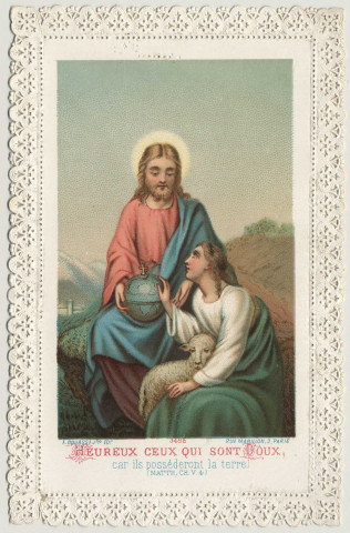Image pieuse dentelle. Heureux ceux qui sont doux car ils posséderont la terre. Jésus