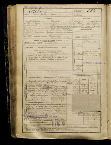 Lefebvre, Charles Joseph, né le 22 septembre 1882 à Puisieux (Pas-de-Calais), classe 1902, matricule n° 382, Bureau de recrutement d'Amiens